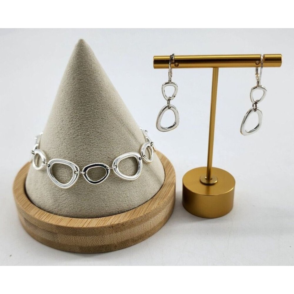 SAO Signed Silver Tone Bracelet and Dangle Earring Jewelry Set Open Link